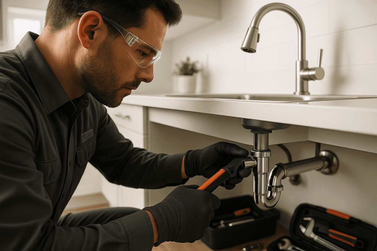 Plumber in gray uniform tightening pipe under kitchen sink in clean residential plumbing scene