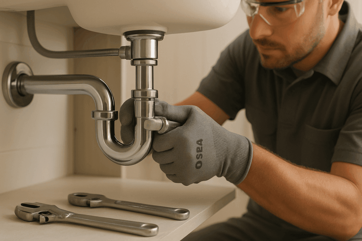 Gloved hands tightening chrome pipe fitting under kitchen sink with plumbing tools nearby